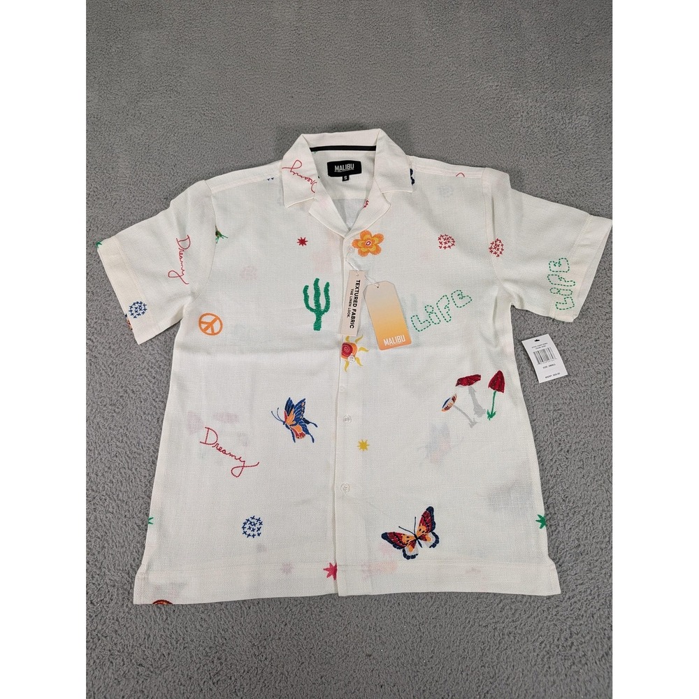 Malibu Shirt Mens Small Ecru Lightweight Textured Linen Look‎ Butterfly Mushroom